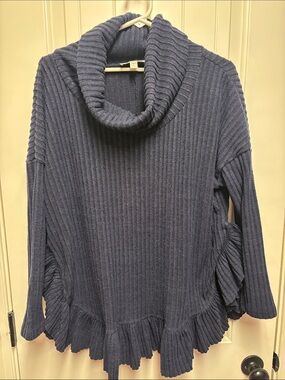 Ribbed Cowl Neck Sweater with Ruffle Hem in Navy